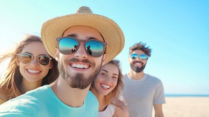 Obraz premium Group of friends taking a selfie on the beach, summer vacation.