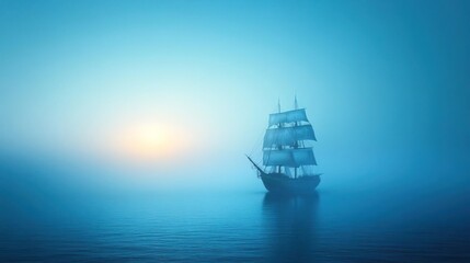 Obraz premium A small sailboat sails through a tranquil sea shrouded in mist.