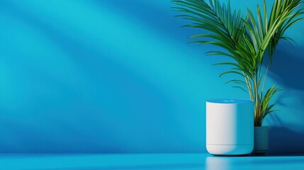 Fototapeta premium A modern white planter holding a green plant against a vibrant blue wall, adding a fresh touch to any interior decor.