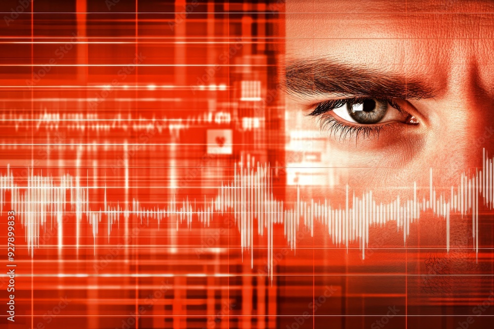 Poster digital eye scans through data layers depicting the integration of technology and human perception