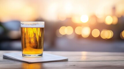Glass of beer on a table with a cozy living room in the background.