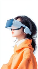 Fototapeta premium A young woman wearing a virtual reality headset, exploring immersive technology in a vibrant orange hoodie.