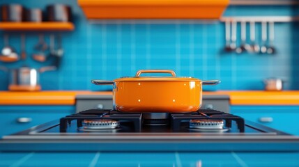 Bright orange cooking pot on a modern gas stove in a stylish kitchen with blue tiles and vibrant utensils.