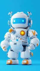 Fototapeta premium Cute robot with futuristic design and vibrant colors, set against a bright blue background, ideal for tech and innovation themes.