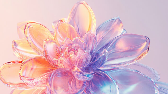 A crystal glass flower head with vibrant, translucent petals on a soft gradient background. Concept of elegance and fragility