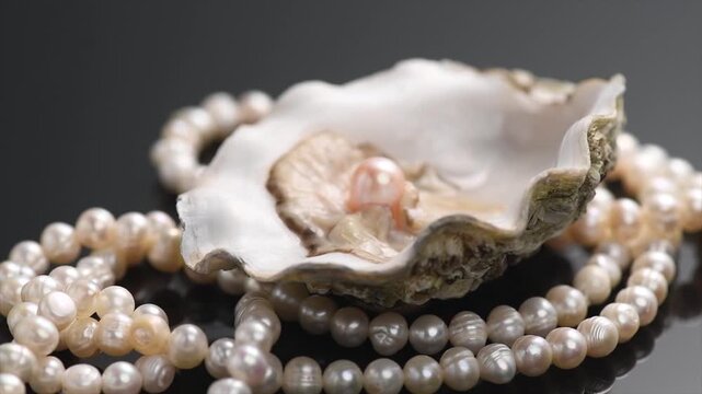 Pearls, Natural pearl inside the oyster shell, close up, necklace rotating over black background. Nacre. Mother-of-pearl. Slow motion