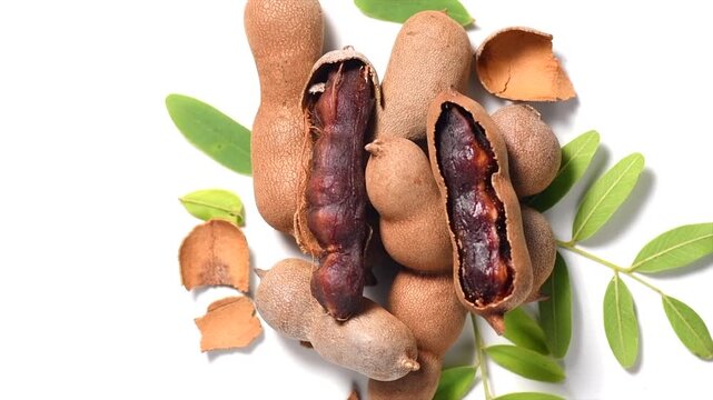 Tamarind fruit isolated on white background. Tamarind tropical pods with leaves rotating. Fresh Tamarind pods with leaves (Tamarindus indica, Indian date), healthy vegan food close up, from above