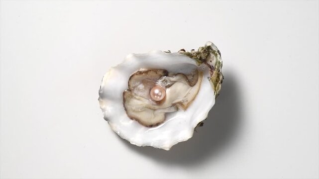 Pearl, One Natural pearl inside the oyster shell, close up, rotating over grey background. Nacre. Mother-of-pearl. Wealth concept