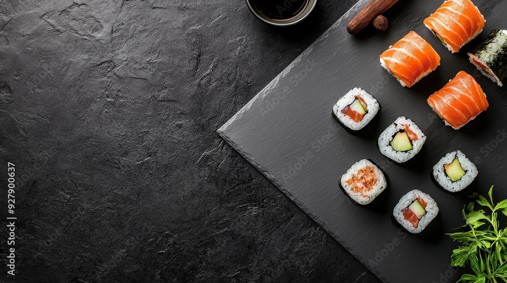 Poster minimalist seafood menu design with copy space, showcasing sushi rolls and sashimi with a clean layo