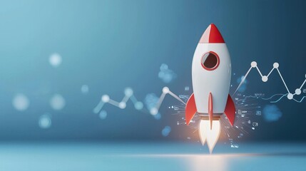 White rocket with dollar sign taking off on a blue background.