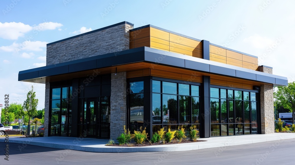 Poster modern fast food building with copy space, featuring large windows and an inviting entrance.