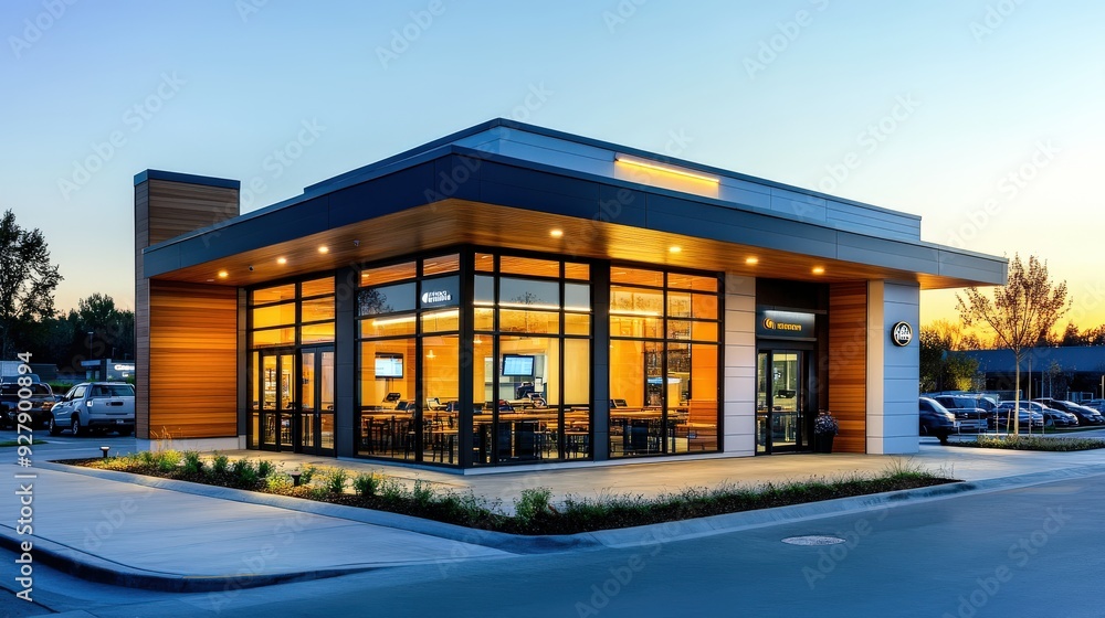 Poster modern fast food building with copy space, featuring large windows and an inviting entrance.