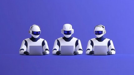 Three futuristic robots sitting together, focused on their laptops against a vibrant blue background. Innovation and technology.