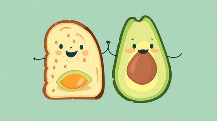 Cute cartoon character of avocado and toast bread slice