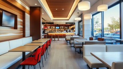 Modern fast food restaurant with copy space, showcasing an updated and clean architectural design.