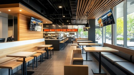 Modern fast food restaurant with copy space, showcasing an updated and clean architectural design.