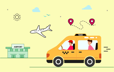 arriving man woman. Flying away man woman. taxi arriving. car. flight airplane airport. Vector design.