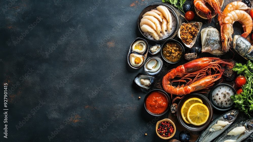 Poster modern seafood menu template with copy space, highlighting a variety of seafood entrees and side dis