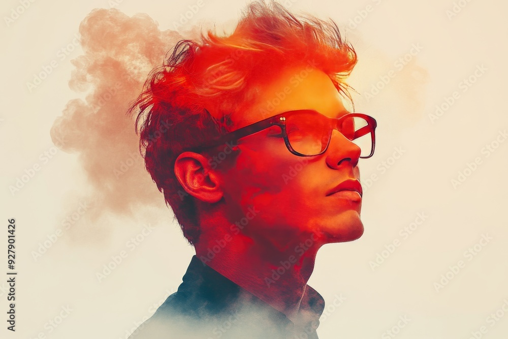 Poster watercolor rendition of a man lost in thought using vibrant hues to express the complexity of human 