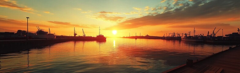 Fototapeta premium Sunset Magic on the anime-style Wharf: Enchanted Dusk at the Harbor Dock for Nautical Tourism and Fisheries Promotion,Anime-Style,illustration,Picture BooksFor Poster,Novel,UI,WEB,Game,Design,Abstract