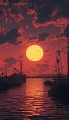 Fototapeta premium Sunset Magic on the anime-style Wharf: Enchanted Dusk at the Harbor Dock for Nautical Tourism and Fisheries Promotion,Anime-Style,illustration,Picture BooksFor Poster,Novel,UI,WEB,Game,Design,Abstract