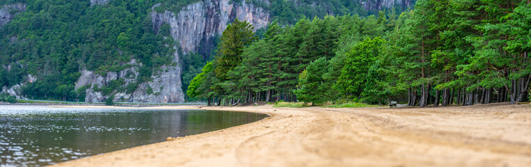 Forest by a sant beach in a fjord.