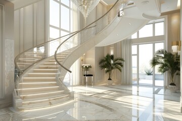Obraz premium A large, white staircase leads to a large, open room with a white marble floor