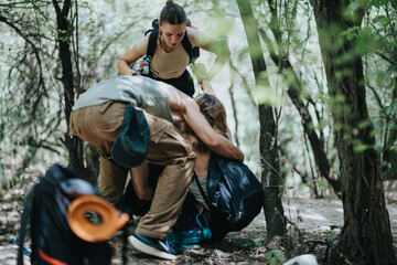 Fototapeta premium Friends helping each other during a hike in the forest on a sunny summer day. Adventure and teamwork in a natural setting.