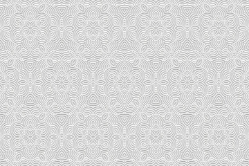 Embossed white background, tribal cover design, banner. Geometric openwork floral 3D pattern, embossing. Ornaments, handmade. Decorative ethnic group of the East, Asia, India, Mexico, Aztec, Peru.