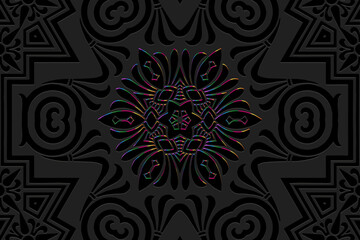 Embossed black background, tribal cover design, banner. Geometric floral glitter 3D pattern, embossing. Ornaments, handmade. Decorative ethnic group of the East, Asia, India, Mexico, Aztec, Peru.