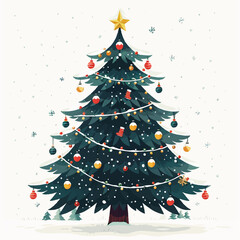 Christmas tree decorated with colorful balls, garland lights, golden star. Spruce, evergreen tree. Greeting card, festive poster, party invitations. New year. Vector illustration in flat style