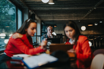 Young business entrepreneurs engaging in a meeting with laptops and headphones in a modern workspace. Collaborative environment with a focus on teamwork and technology.
