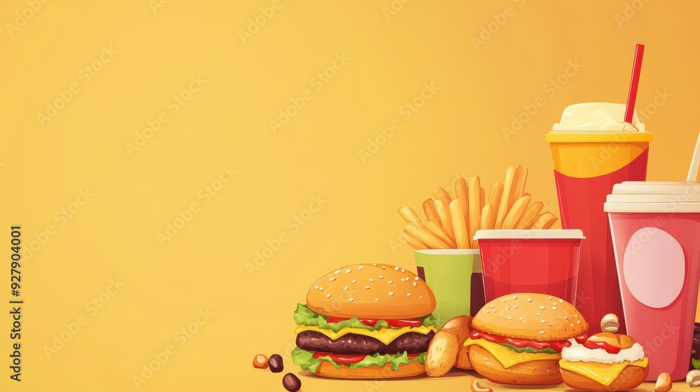 Poster vibrant fast food background with ample copy space, showcasing various fast food items and condiment