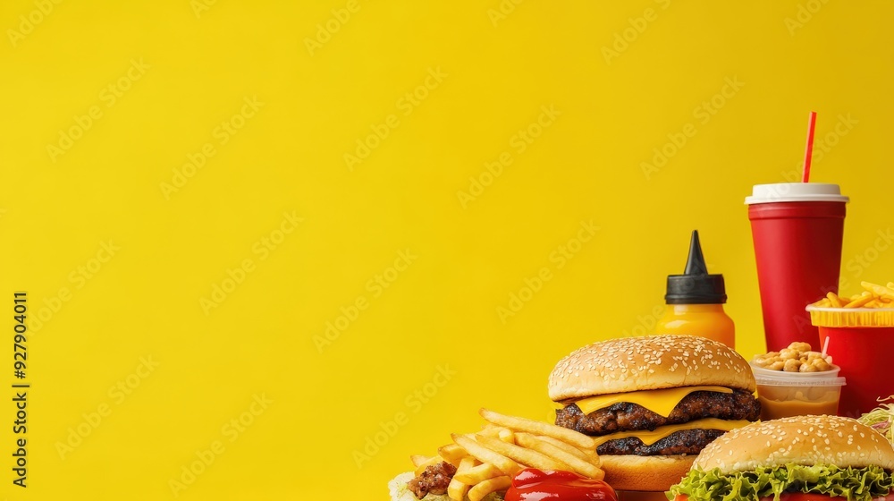 Poster vibrant fast food background with ample copy space, showcasing various fast food items and condiment