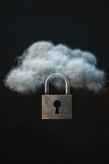 Cloud with padlock hanging in a dark background representing data privacy and security