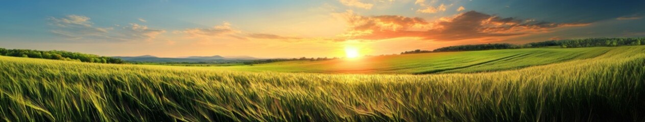 Fototapeta premium Golden Hour Delight: anime-style Enchanted Sunset Over Lush Green Fields for Agricultural Fairs and Farm-to-Table Events,Anime-Style,illustration,Picture BooksFor Poster,Novel,UI,WEB,Game,Design,Abstr