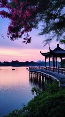 Sunset Over Pagoda Bridge and Lake