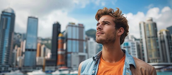 Man looking up at city skyline, urban backdrop