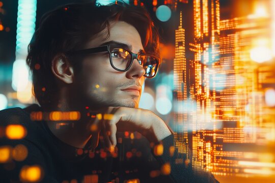 Tech savvy youth with glowing circuits overlaying his face illustrating the fusion of human and technology