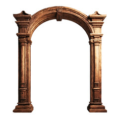 Rustic antique wooden arch on a transparent and white background. PNG.
