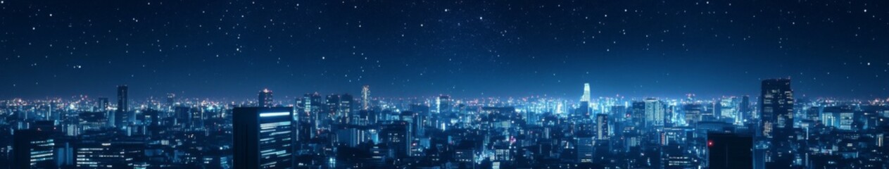 Fototapeta premium Starry Enchantment: anime-style Cityscape of a Celestial Metropolis at Night, Glimmering Sky-high Buildings in Modern Artistry,Christmas, New Year 2025, holiday marketing creative poster,Anime-Style