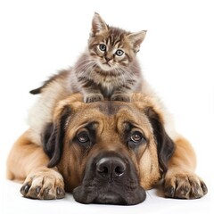 Kitten on Dog's Head, White Background