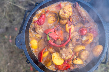 A pot of food with a lot of peppers and potatoes