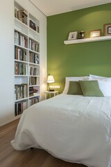 White Bed with Green Wall and Bookshelf