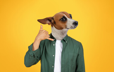 A dog with a human body is wearing a green shirt and a white undershirt. The dog has brown fur and...
