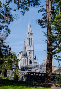 Lourdes Cathedral Facade and Towers in France