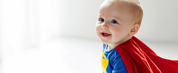 Adorned in a superhero costume, a happy young baby exudes a sense of invincibility and limitless potential. Cut out, copy space.
