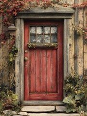 Rustic Red Door with Ivy and Stone Steps