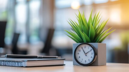 Modern Office Desk with Clock and Plant: Productivity and Style