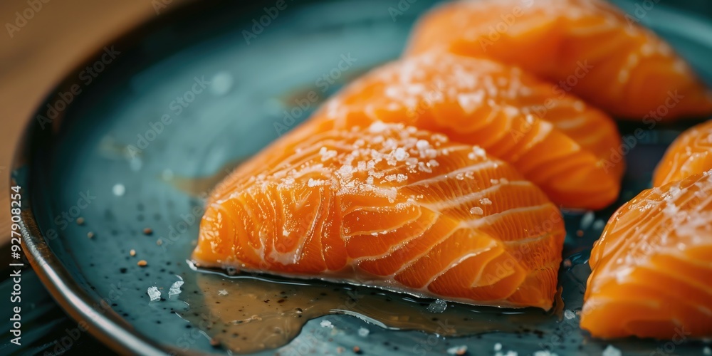 Sticker close up of salted salmon fillet on a plate